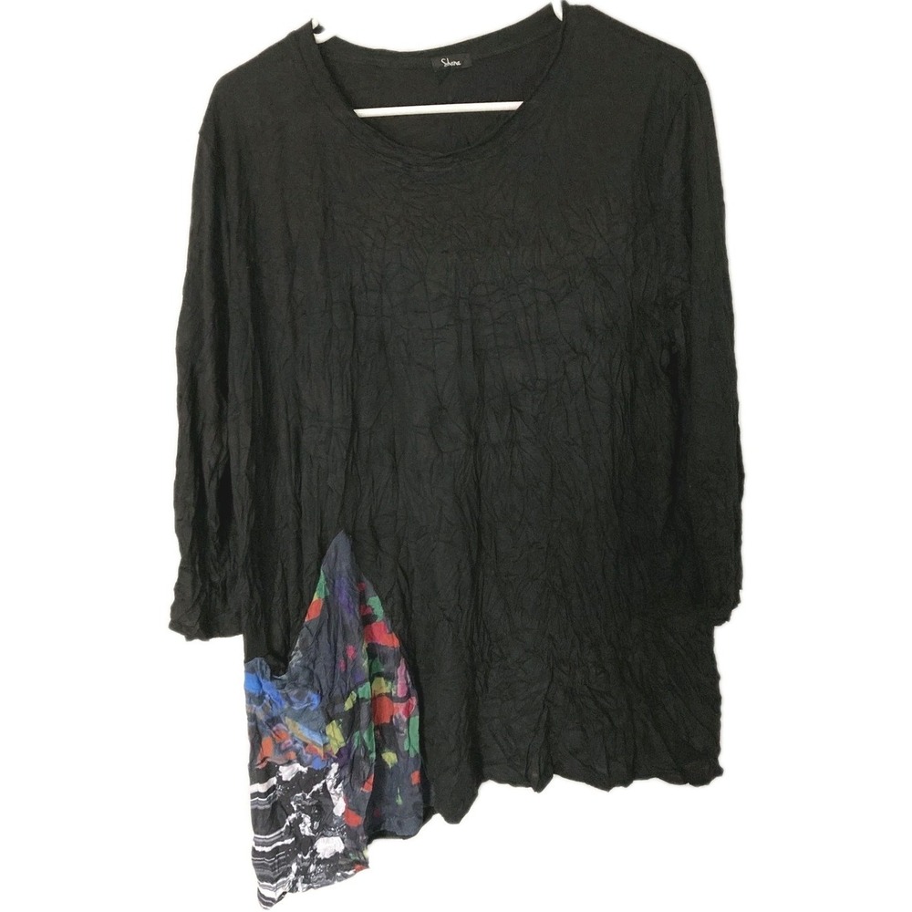 Shana Blouse Women L-XL? Black Crinkle Tunic Colorblock Asym Hem Artsy Boho Top